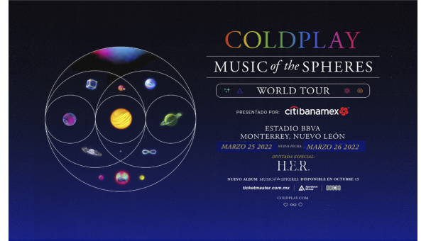 Solo 24hrs Hasta -20% en MTY Coldplay Marzo 2022. 